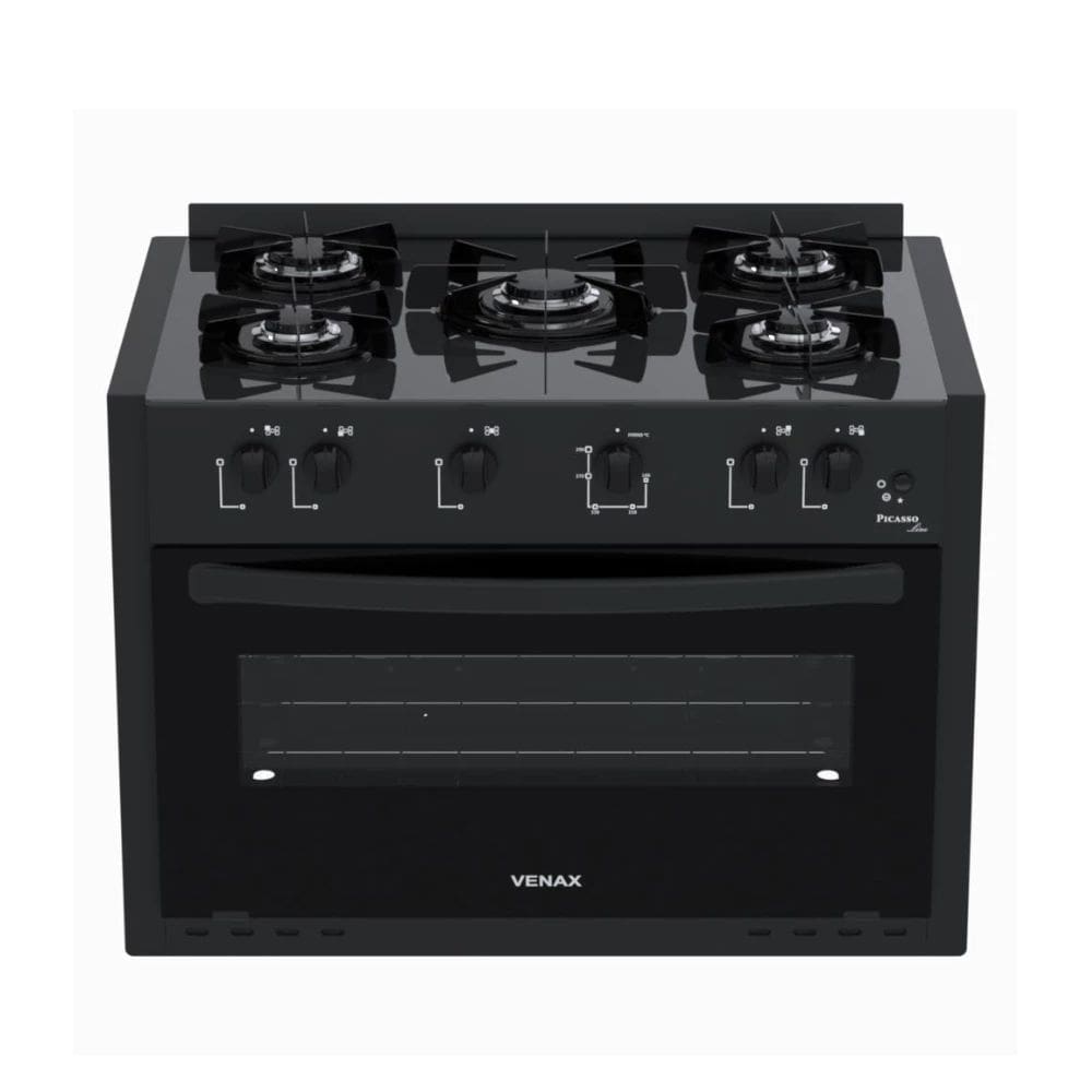 Fogão a Gás de Embutir Venax Picasso Line 5 Bocas, Mesa de Vidro, Acendimento Automático, Forno Easy Clean 88,3L Porta Vidro Duplo Bivolt