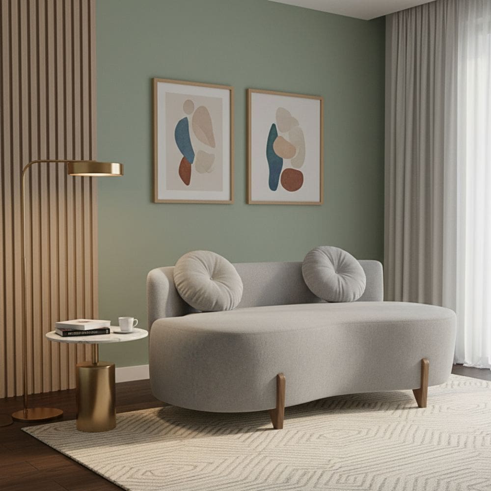 Sofá Decorativo Curvo Orgânico Living Boucle Cinza Claro - Montanaris Decor