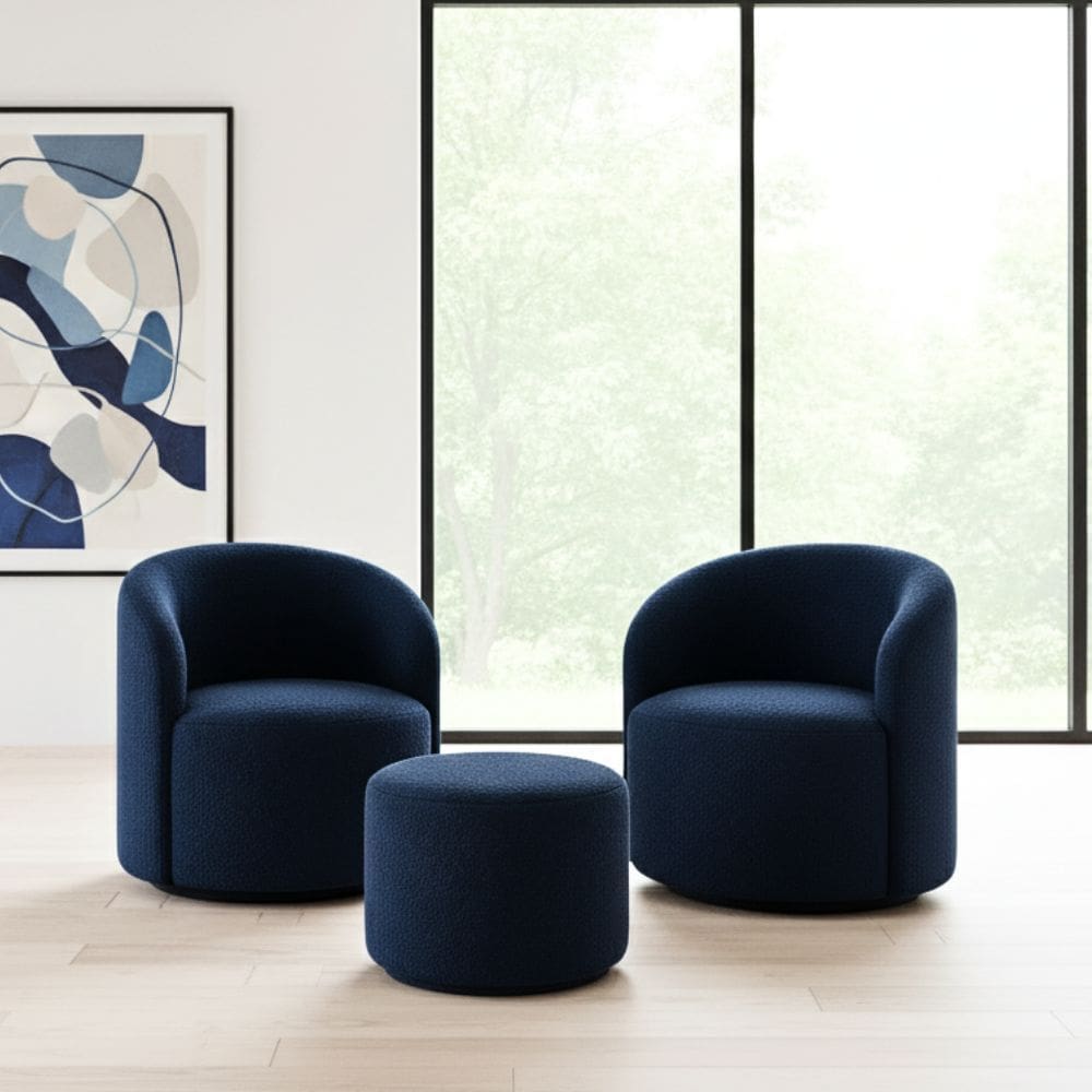 Kit 02 Poltronas Gaia + Puff Living Decorativo Curvo Orgânico Boucle Azul Marinho - Montanaris Decor