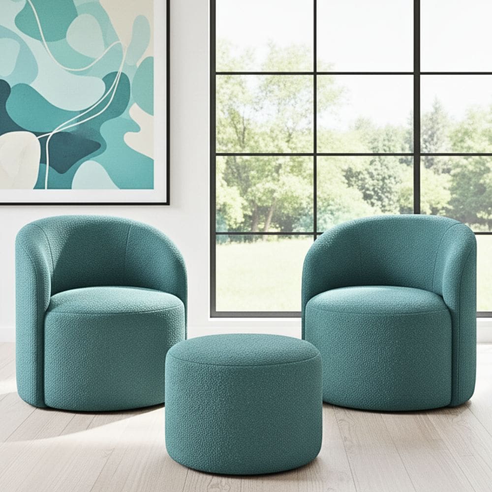 Kit 02 Poltronas Gaia + Puff Living Decorativo Curvo Orgânico Boucle Azul Turquesa - Montanaris Decor