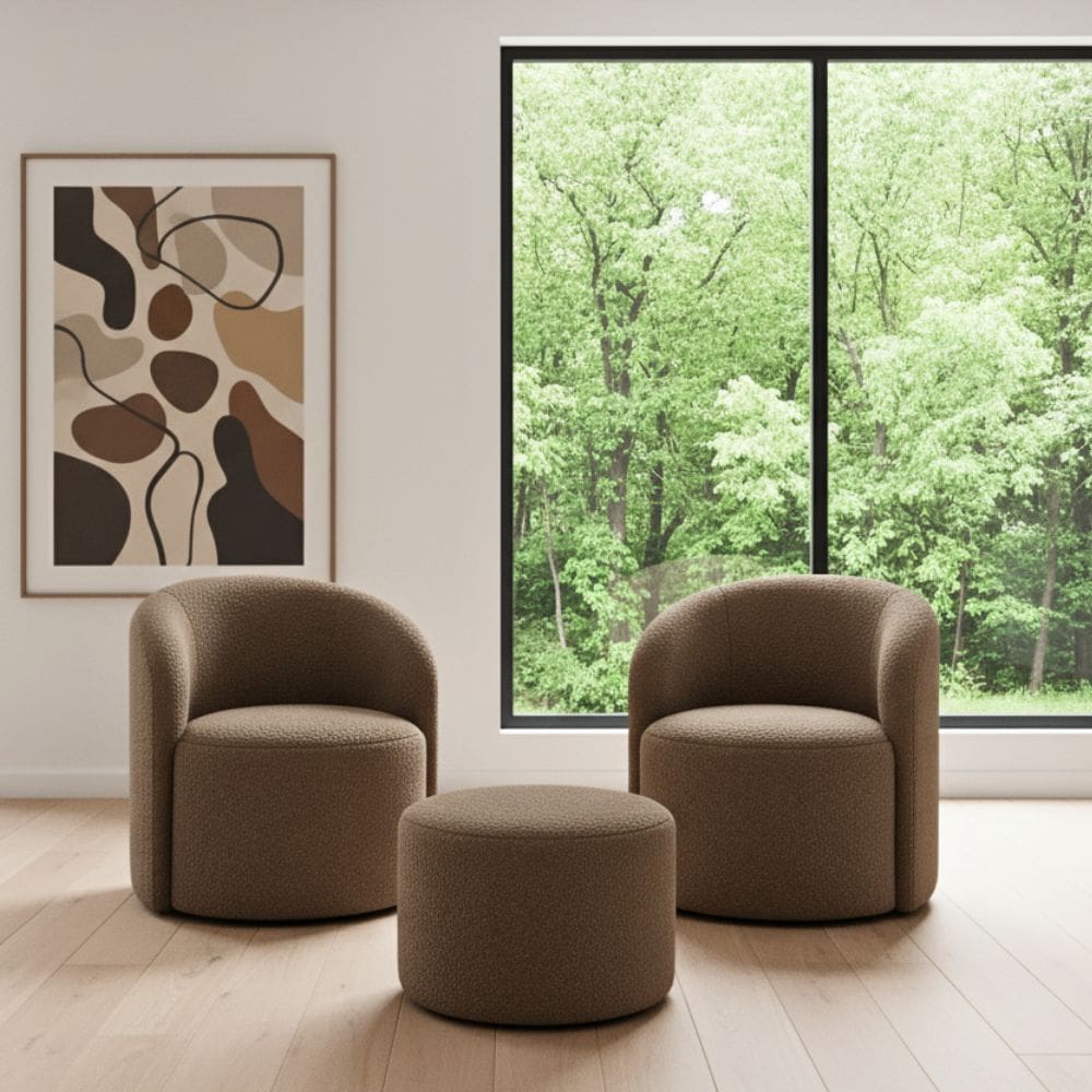 Kit 02 Poltronas Gaia + Puff Living Decorativo Curvo Orgânico Boucle Cappuccino - Montanaris Decor