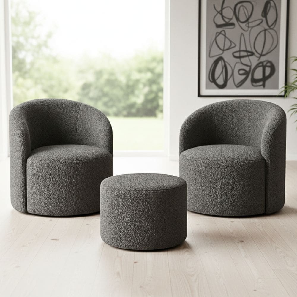 Kit 02 Poltronas Gaia + Puff Living Decorativo Curvo Orgânico Boucle Cinza - Montanaris Decor