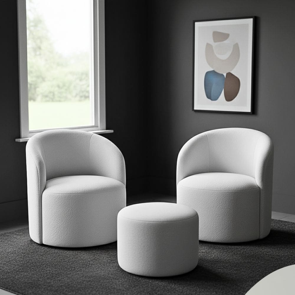 Kit 02 Poltronas Gaia + Puff Living Decorativo Curvo Orgânico Boucle Cinza Claro - Montanaris Decor