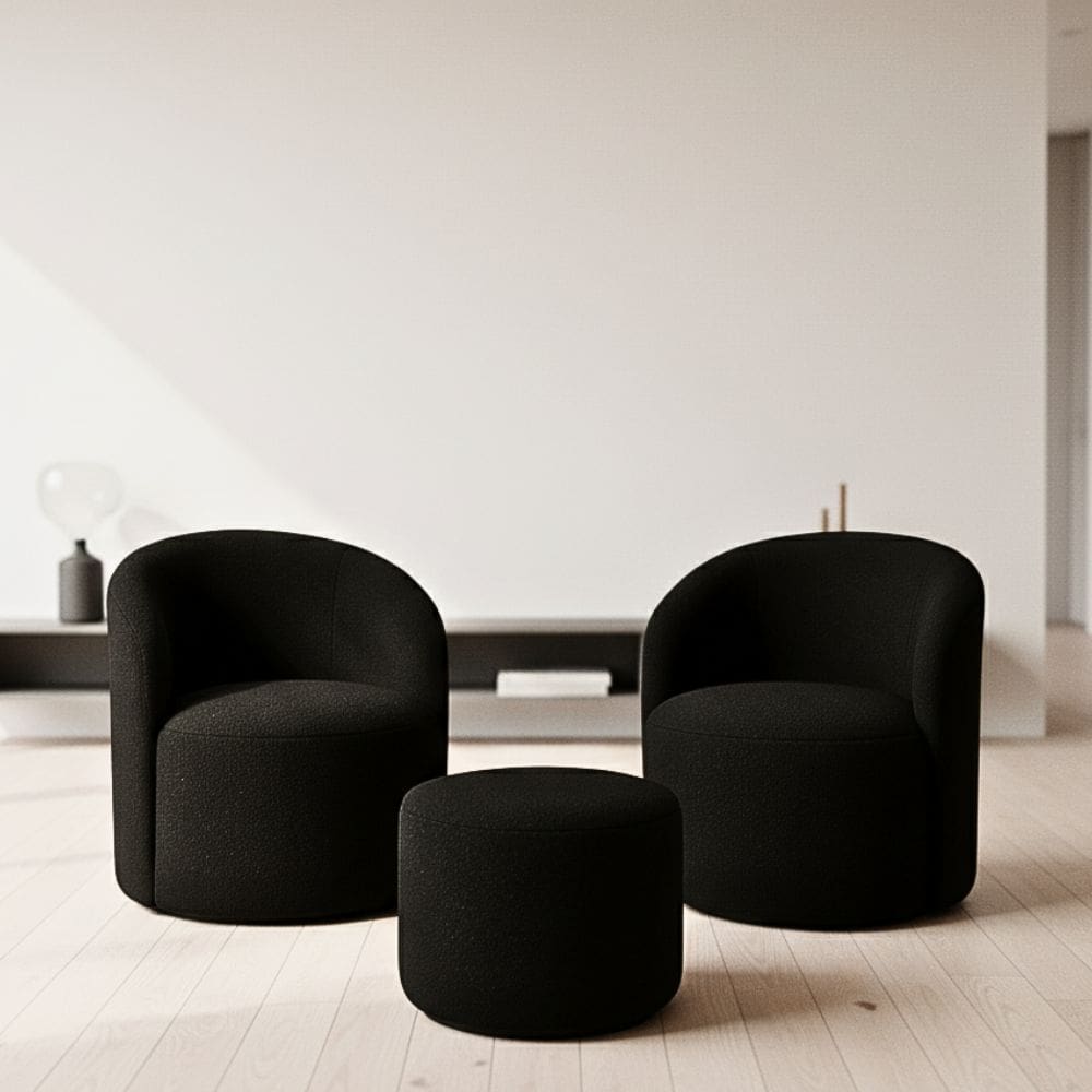 Kit 02 Poltronas Gaia + Puff Living Decorativo Curvo Orgânico Boucle Preto - Montanaris Decor