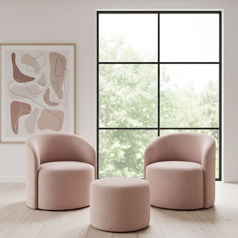 Kit 02 Poltronas Gaia + Puff Living Decorativo Curvo Orgânico Boucle Rosê - Montanaris Decor