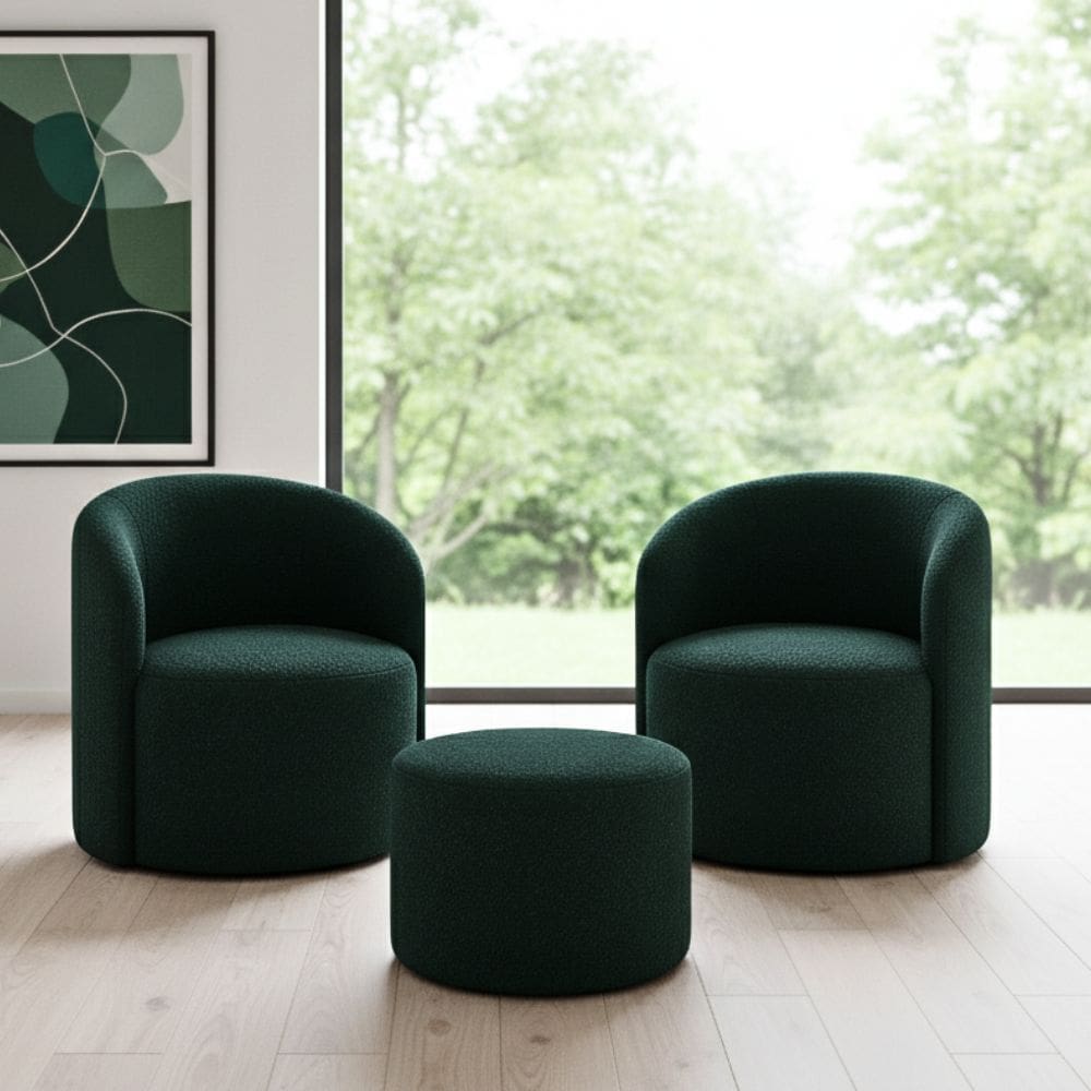 Kit 02 Poltronas Gaia + Puff Living Decorativo Curvo Orgânico Boucle Verde - Montanaris Decor
