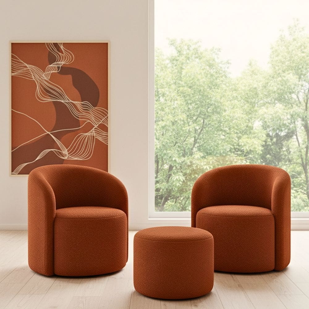 Kit 02 Poltronas Gaia + Puff Living Decorativo Curvo Orgânico Boucle Terracota - Montanaris Decor