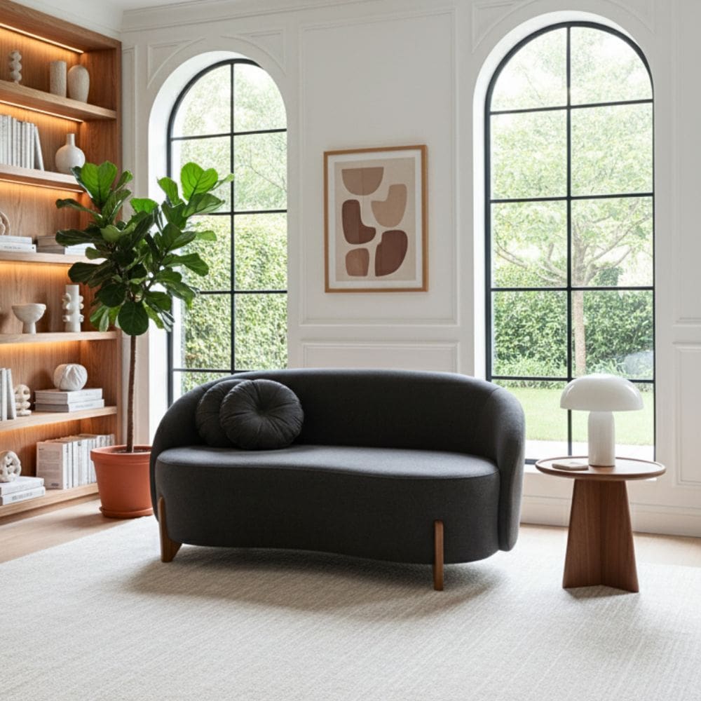 Sofá Orgânico 2 Lugares C/2 Almofadas Curvo Sala Recepção Amsterdã Boucle Cinza Escuro