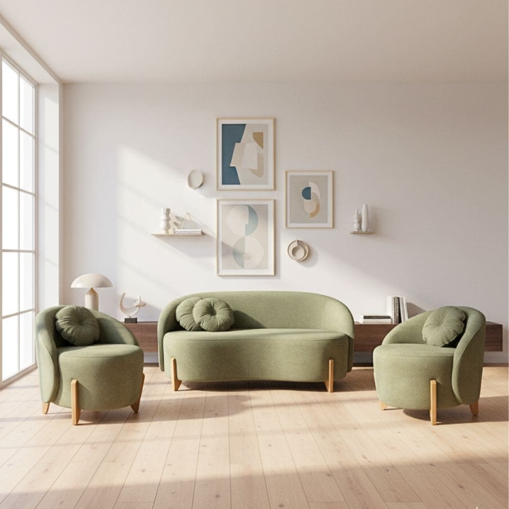 Kit 01 Sofá 2 Lugares + 02 Poltronas Orgânicos c/ Almofadas Curvo Sala Recepção Amsterdã Boucle Verde Oliva - Montanari`s Decor