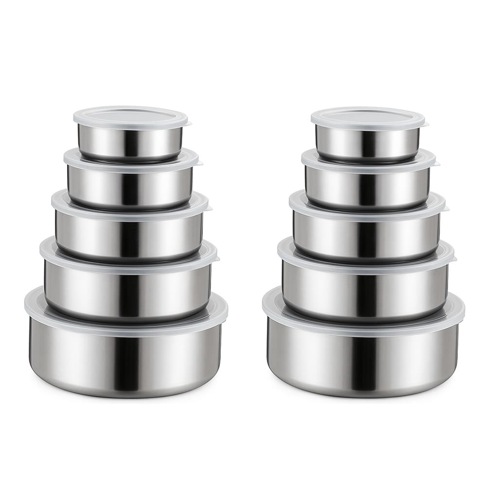 Kit 10 Potes em Inox Jogo de Tigelas Com Tampa Para Cozinha