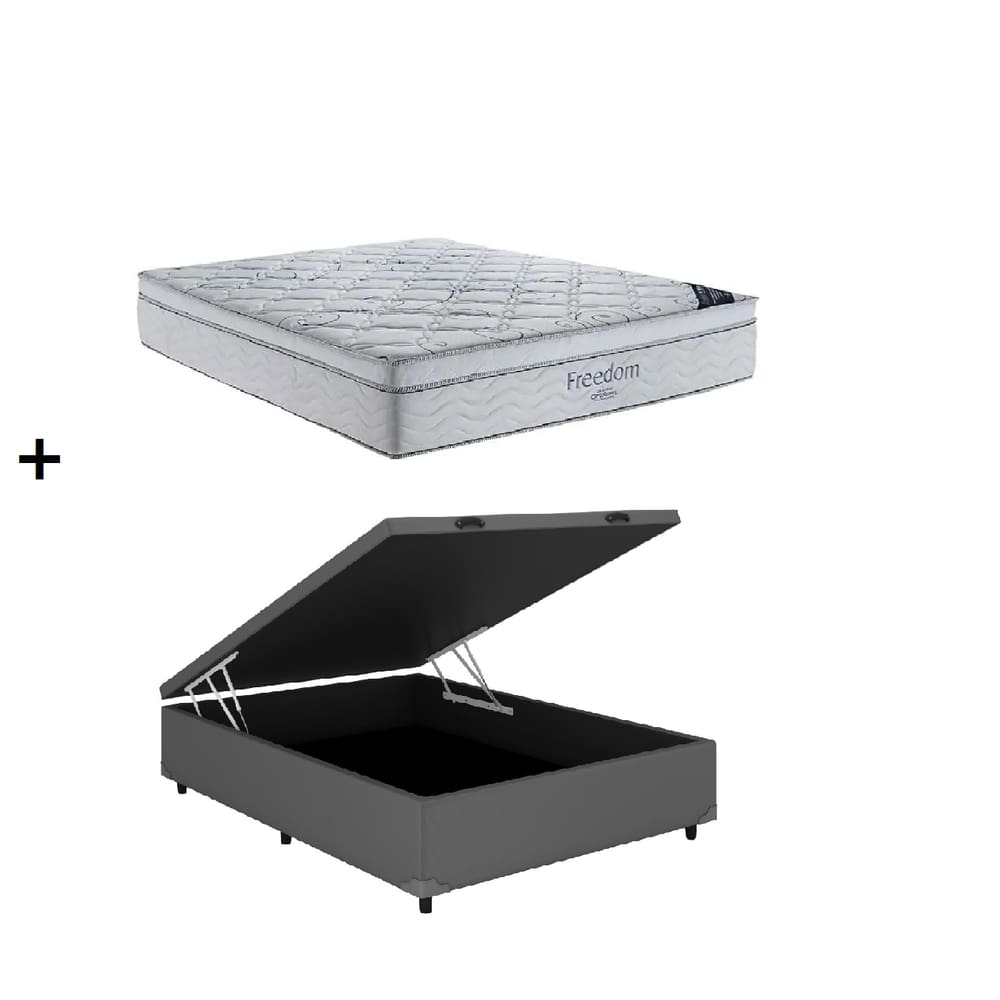 Cama Box Baú Casal Cinza Colchão Freedom Molas Ensacadas 138x188 - Ortobom