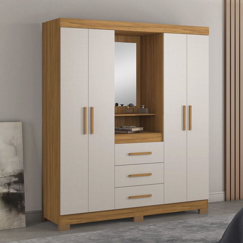 Guarda Roupa Solteiro com Espelho e Pes 4 Portas 3 Gavetas NT5015 Notavel Moveis