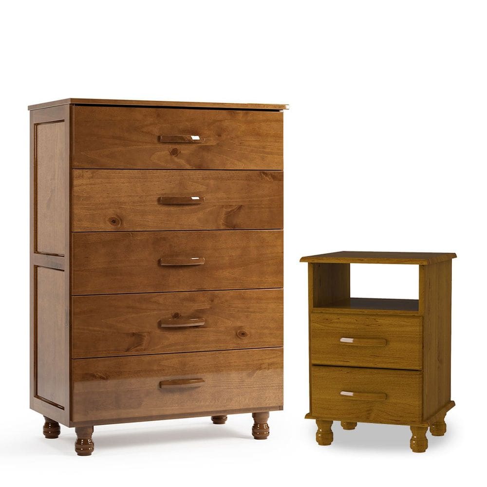 Kit Cômoda 5 Gavetas e Mesa de Cabeceira 100% Madeira Maciça