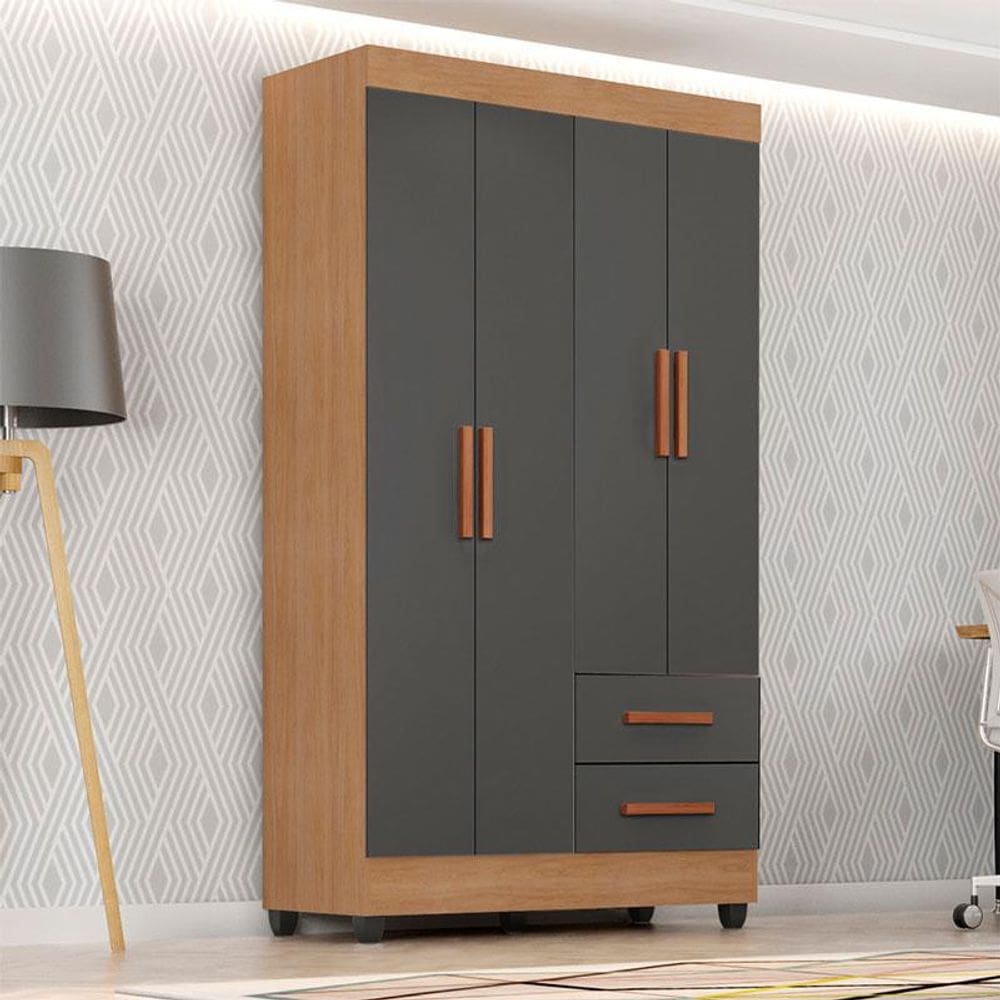 Guarda Roupa Solteiro Ambiente Lite 4 Portas Nature Cinza - Móveis Leão