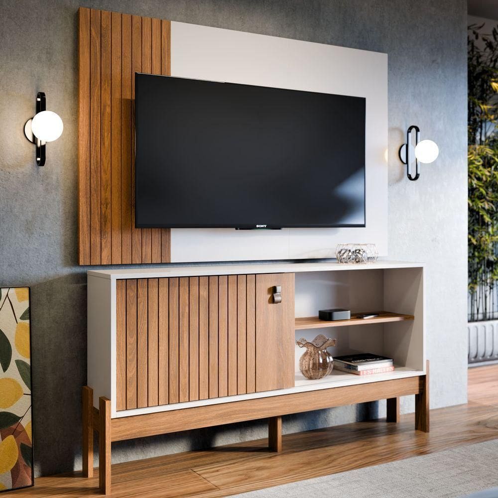 Painel Até 50 Polegadas Suspenso E Rack Com Prateleira Para Sala De Estar Cinamomo Off