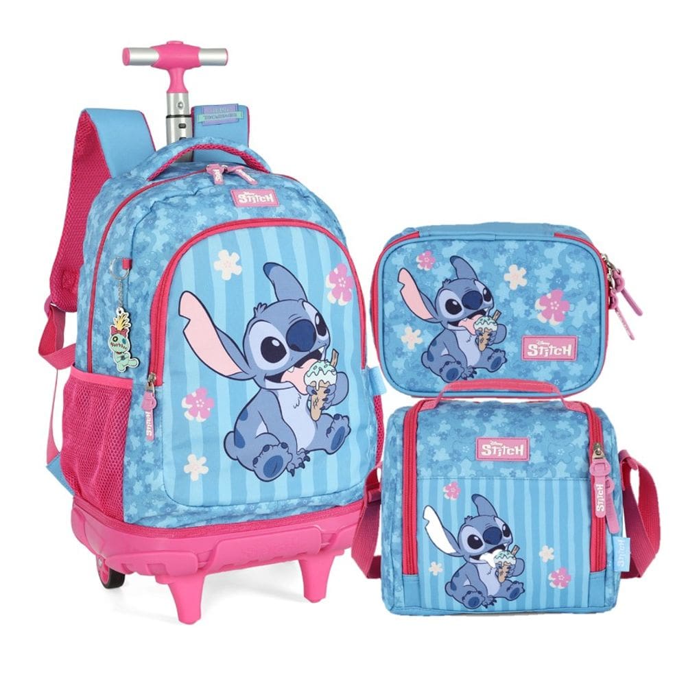 Kit Escolar Stitch Sorvete – Mochila de Rodinha + Lancheira + Estojo – Luxcel