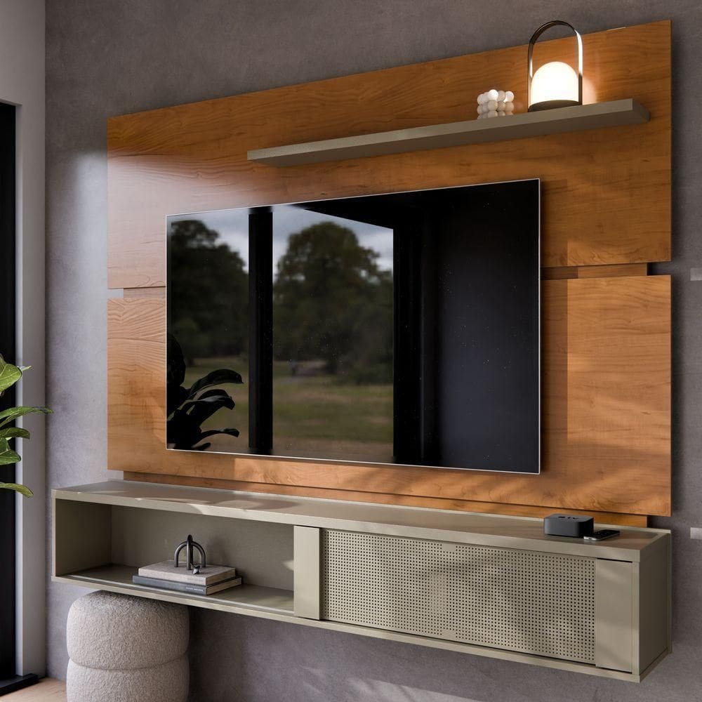 Painel Home Dom De Parede Até 75 Polegadas Para Sala De Estar Com Prateleira E Bancada Cinamomo Grigio