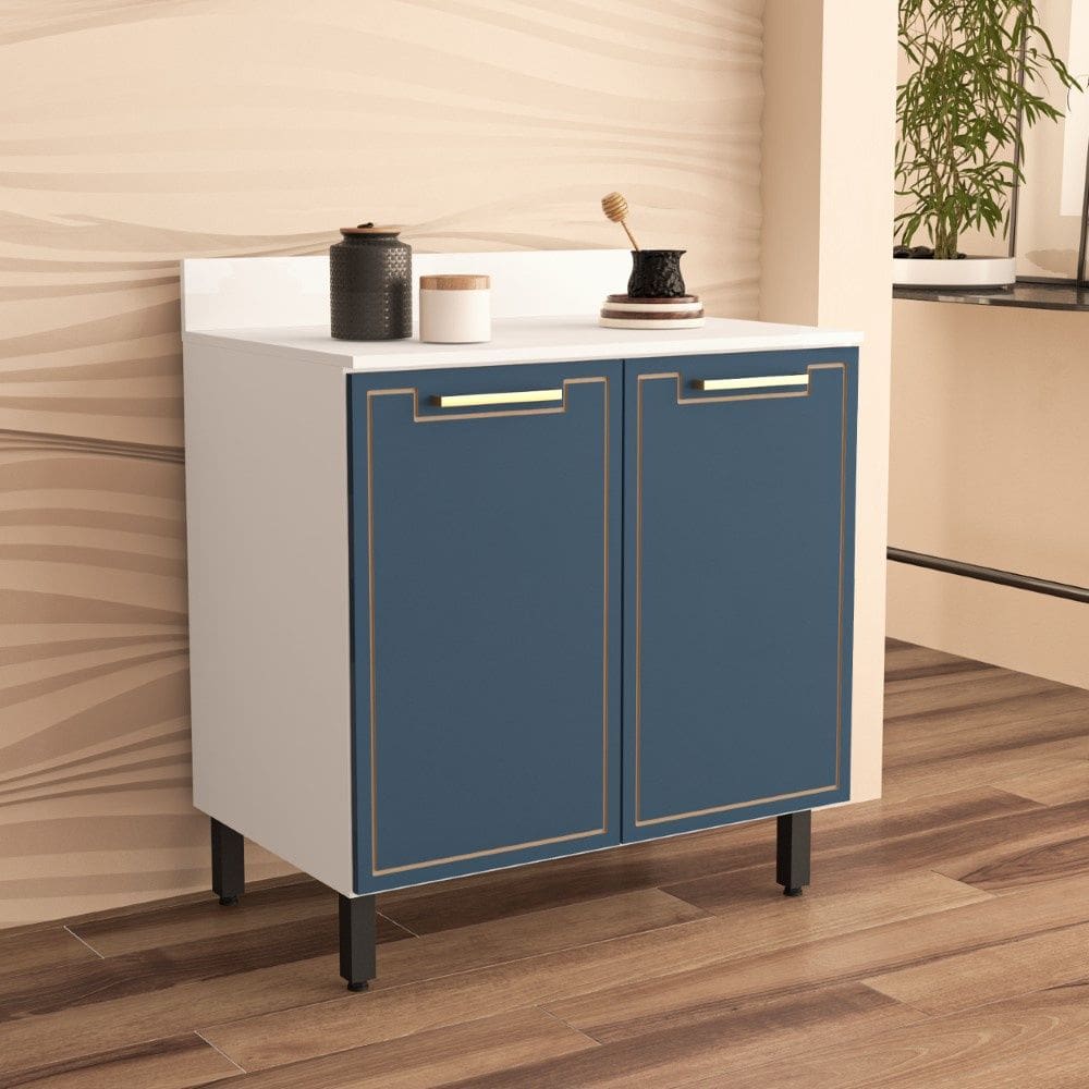 Balcão de Cozinha 80cm 2 portas Amara Branco Azul Politorno Móveis
