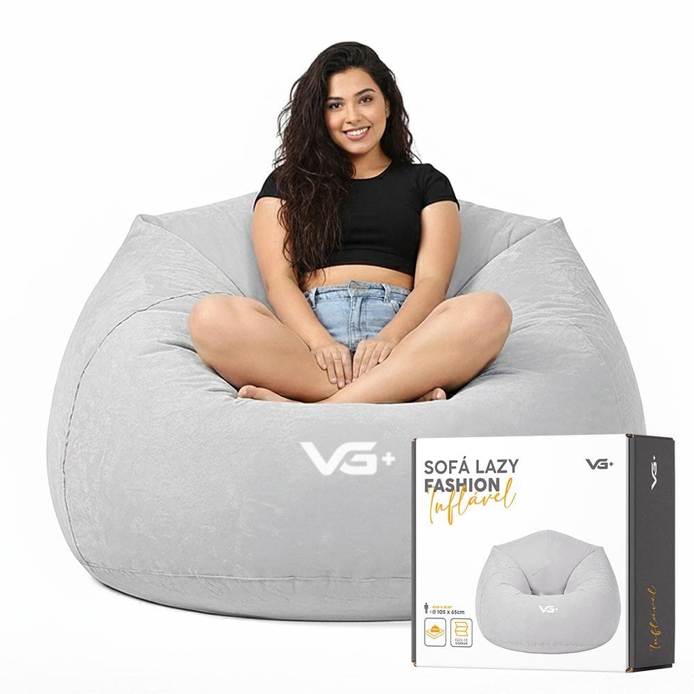 Poltrona Inflável Puff Lazy Fashion Aveludado Assento Pufe VG Plus Cinza