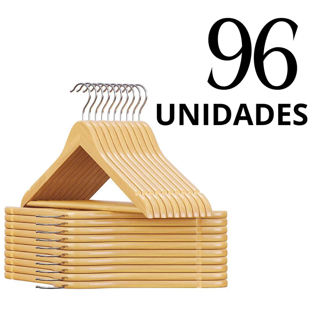 CABIDE DE MADEIRA PREMIUM – Kit 96 Unidades Gancho Cromado Giratório 360