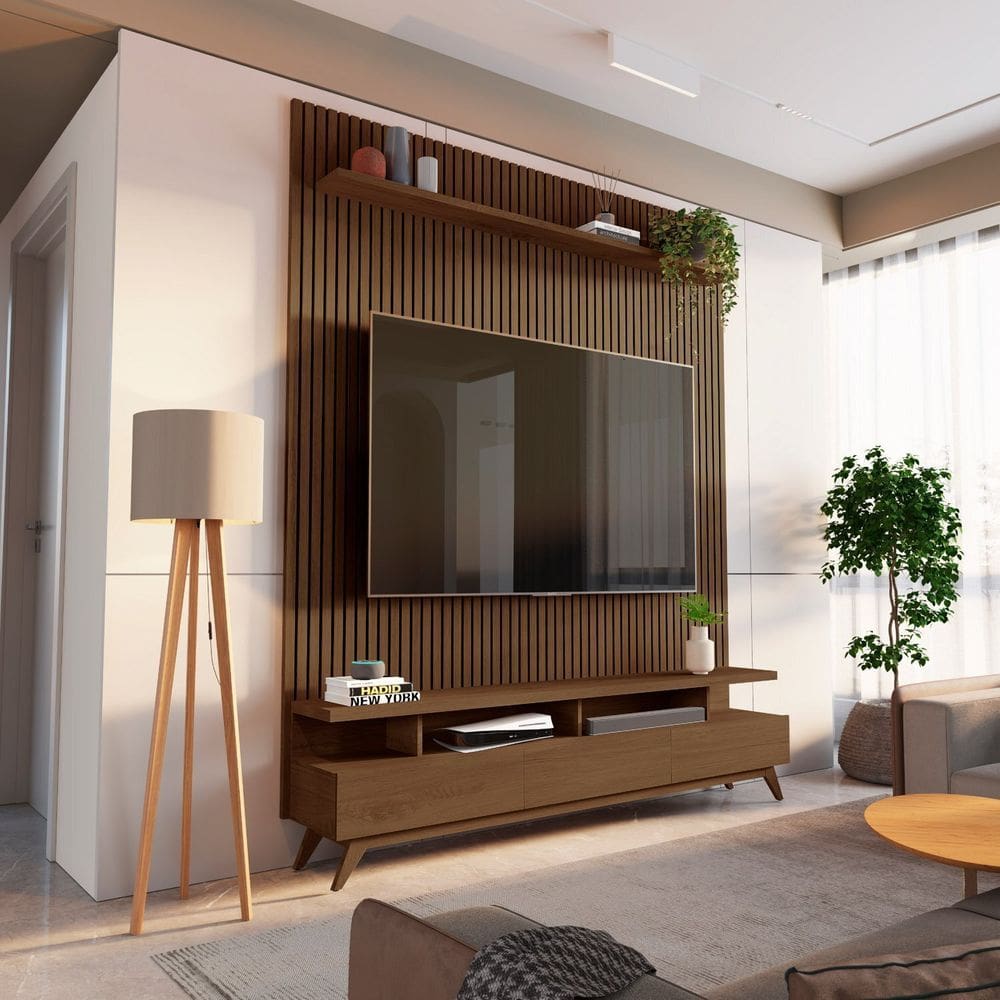 Rack com Painel Ripado para Tv até 72 Polegadas 185x250cm 100% Mdf Yucca Cabecasa Madeiraoriginals Cedro