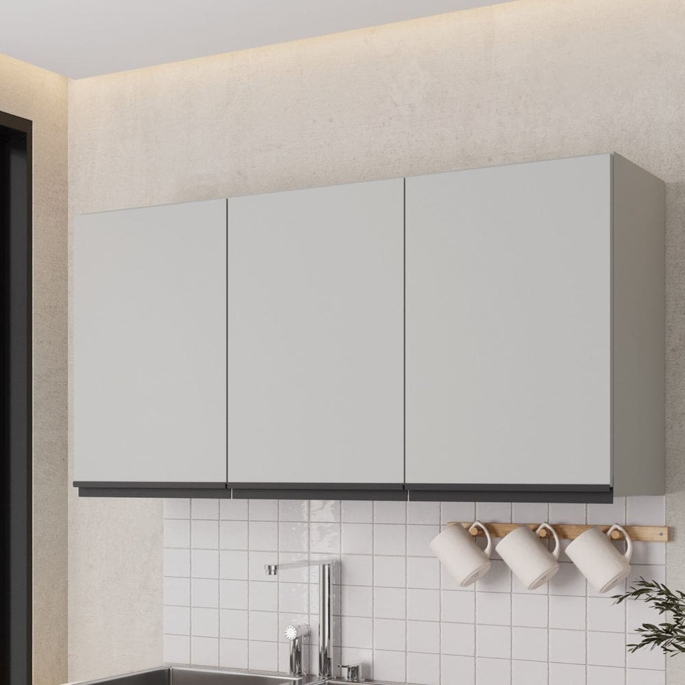 Armário Aéreo 3 Portas 120cm Nara Cabecasa Madeiraoriginals Cinza Claro