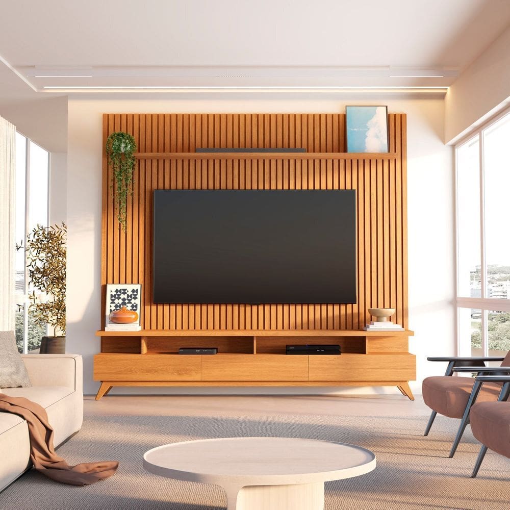 Rack com Painel Ripado para Tv até 85 Polegadas 230x250cm 100% Mdf Yucca Cabecasa Madeiraoriginals Marrom