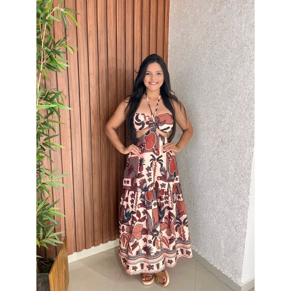 Vestido Longo Estampado Abertura Laterais Amarrção Pescoço