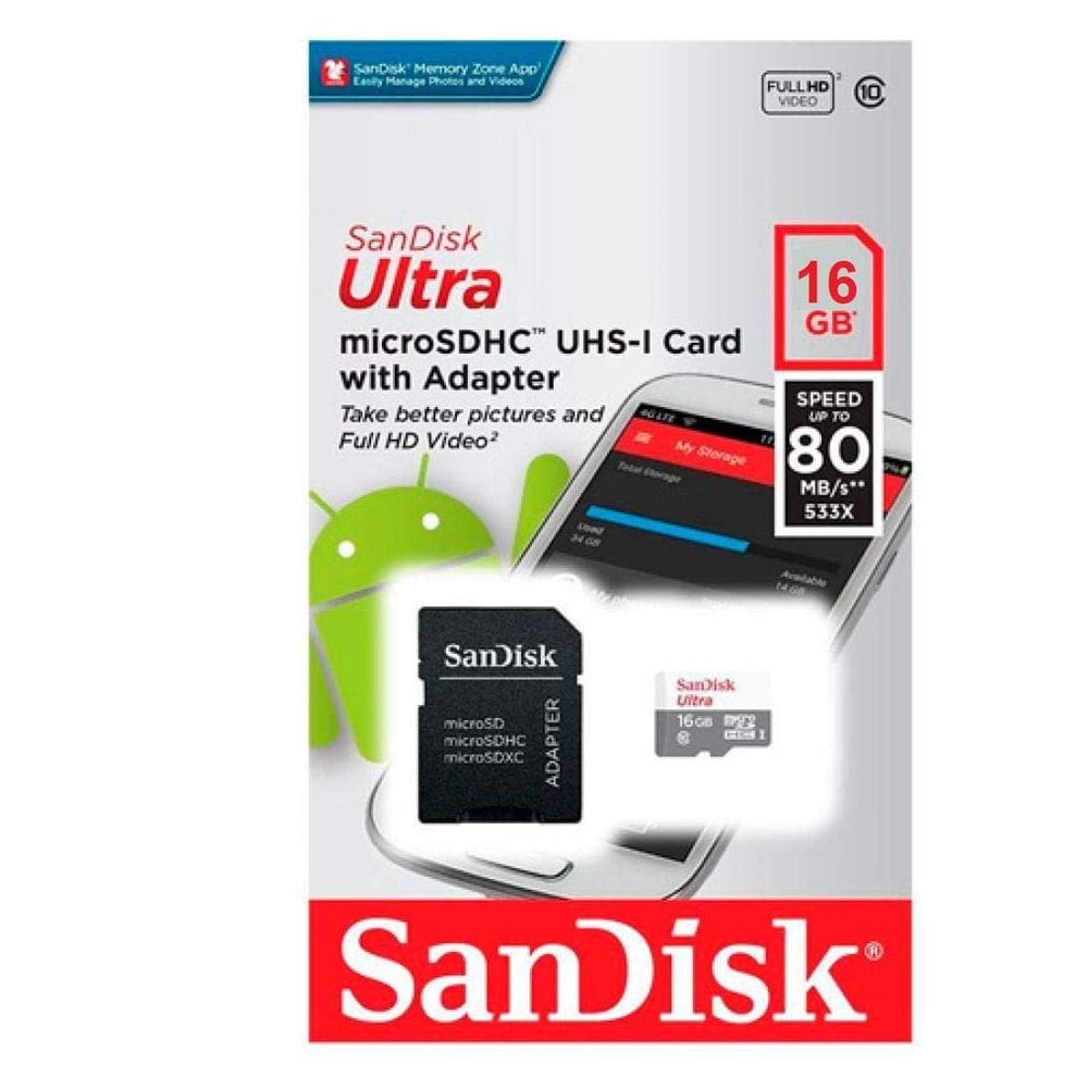 Cartão de memória SanDisk Ultra microSDHC 16GB 80MB/s com adaptador