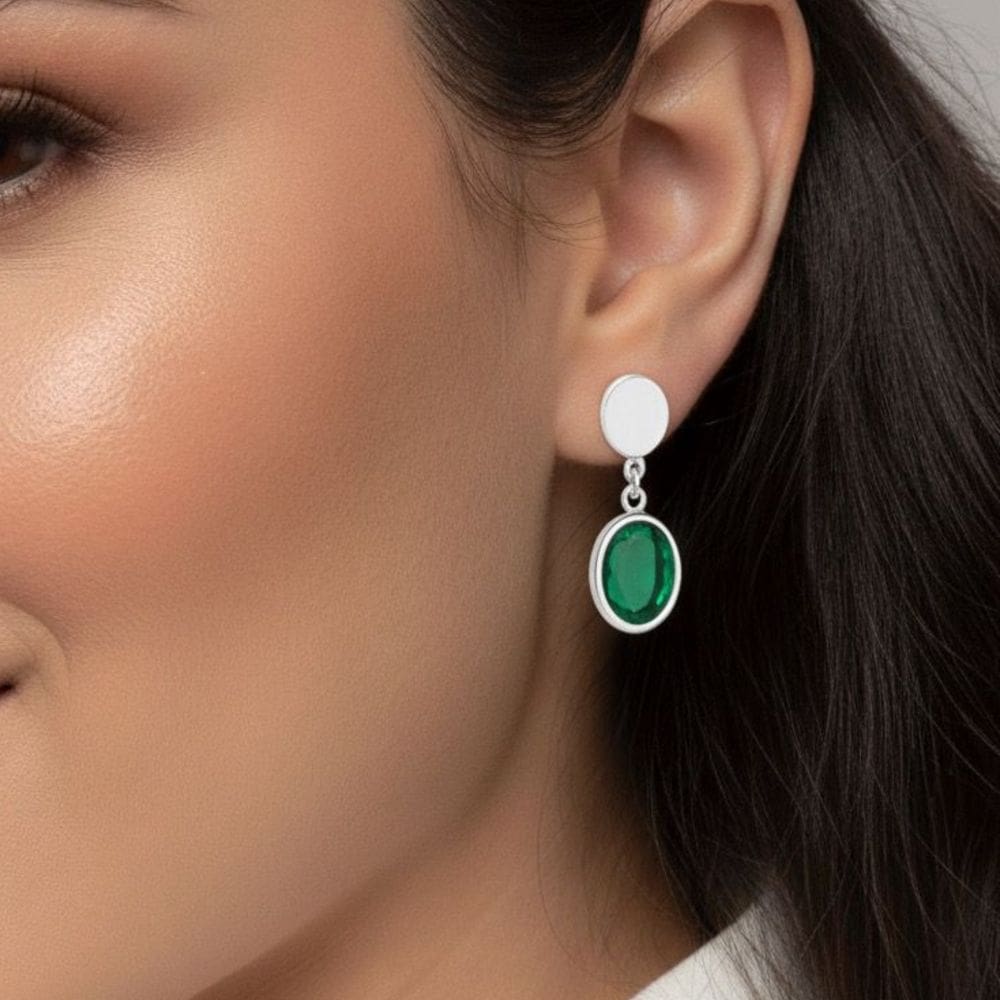 Brinco Pedra Oval Verde Banhado a Prata