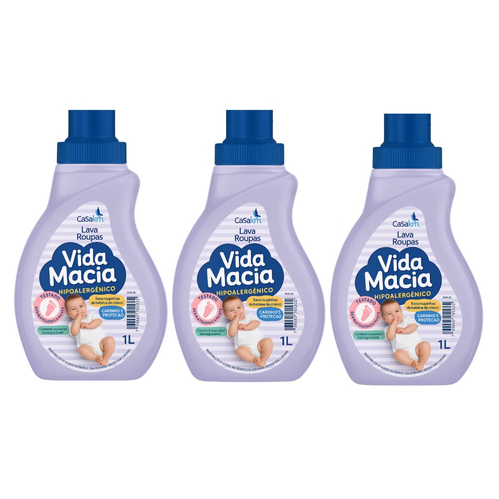 Kit 3 Lava Roupas Liquido Vida Macia 1 Litro Roupinhas Bebê Hipoalergênico Roupas