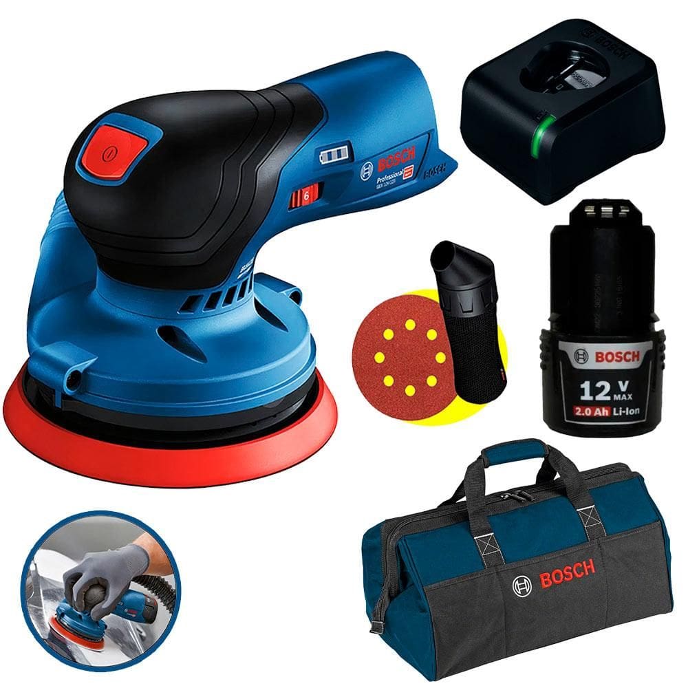 Lixadeira Roto Orbital 5 POL 12v BRUSHLESS GEX 12V-125 2,0Ah, Carregador Bivolt e Bolsa BOSCH