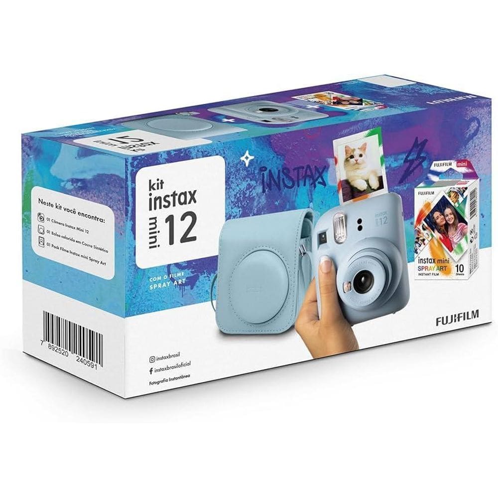 Kit Câmera Instax Mini 12 Com 10 Fotos Spray Art Bolsa Azul