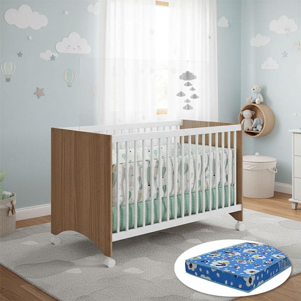 Berço Nacional Gutti Ambiente Amadeirado Acetinado com Colchão Ortobom - Móveis Estrela