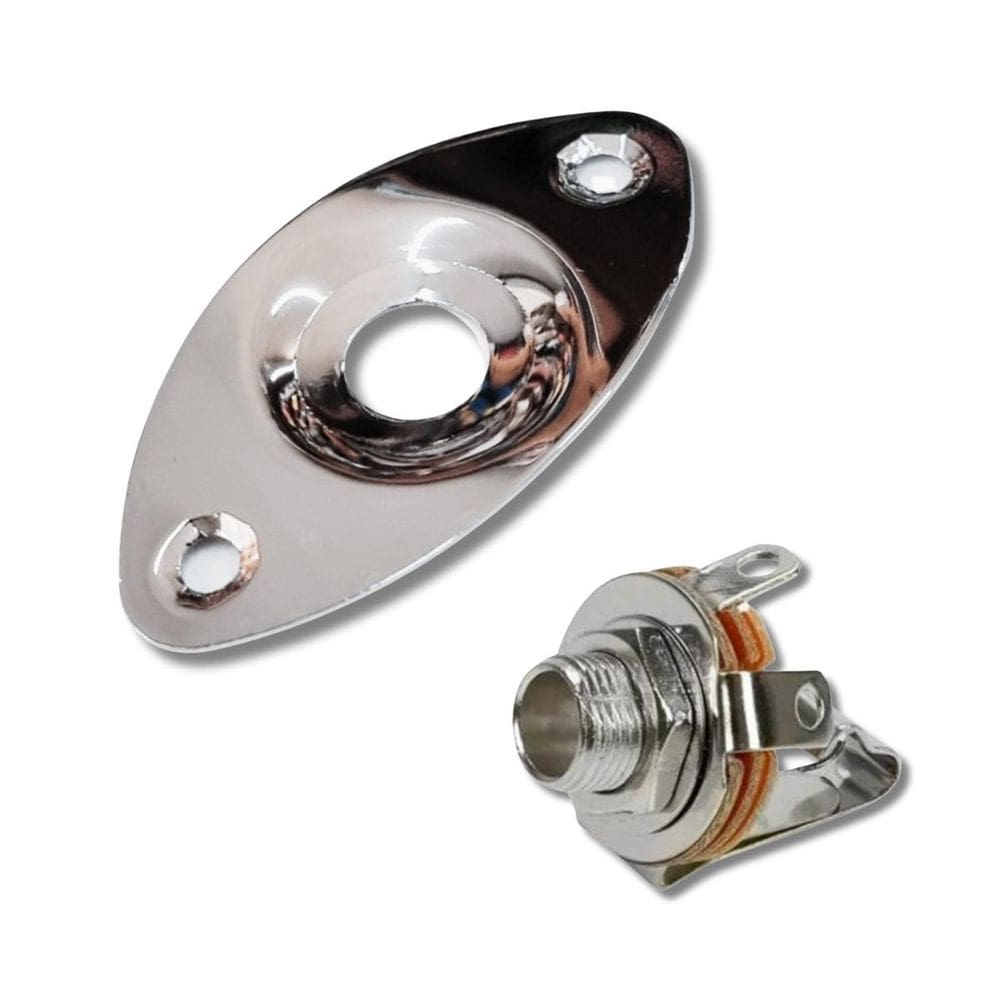 Kit Plate Jack Oval Metal Cromado Guitarra + Jack P10 Mono