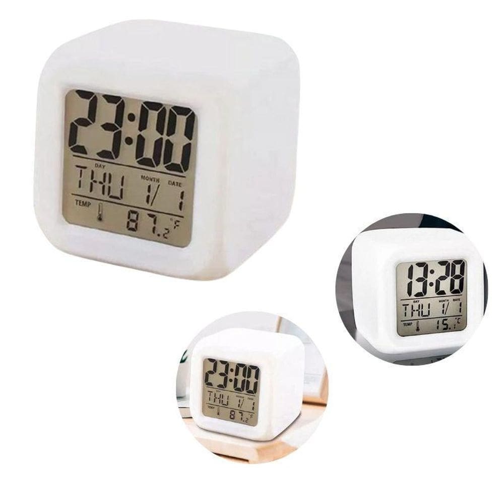 Kit 03 Mini Relógio Branco Digital Despertador E Luminária