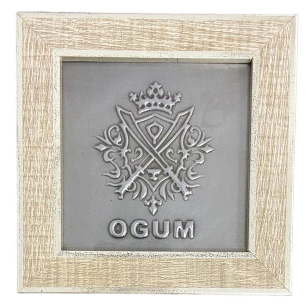 Quadro Ogum Orixá Madeira Carvalho E Metal 13 X13 Cm