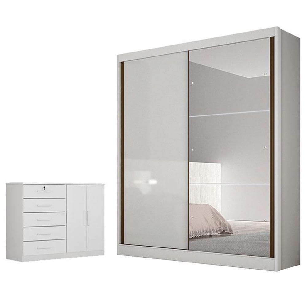 Guarda Roupa Solteiro Dante com Nicho e Espelho e Cômoda Seul Neve - Novo Horizonte