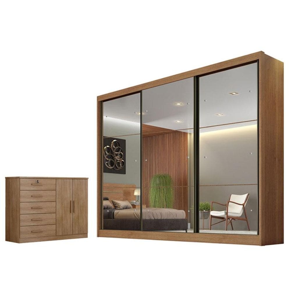 Guarda Roupa Casal Atlanta com Espelho e Cômoda Seul Cumaru 23 - Novo Horizonte