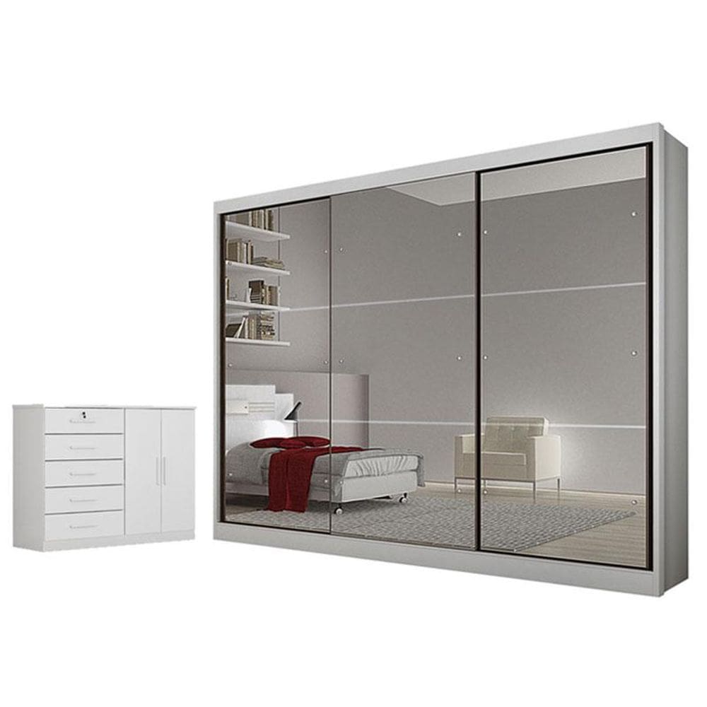 Guarda Roupa Casal Atlanta com Espelho e Cômoda Seul Neve - Novo Horizonte