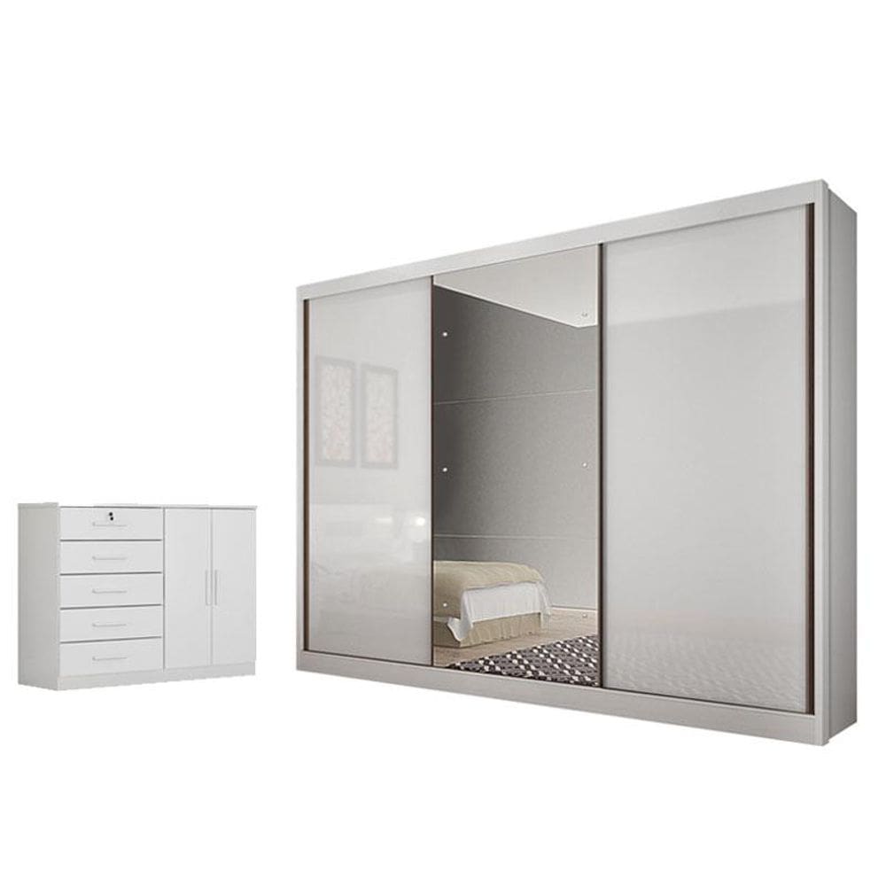 Guarda Roupa Casal Duna com Espelho e Cômoda Seul Neve - Novo Horizonte