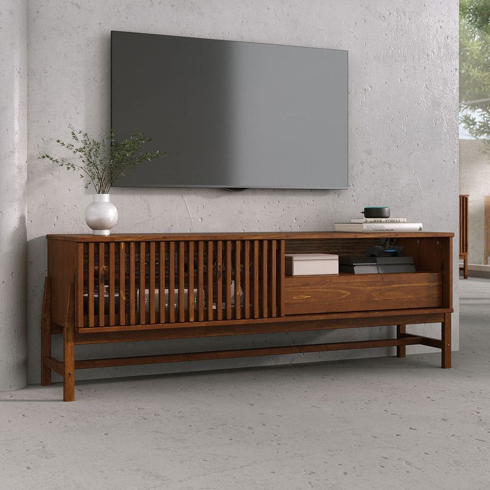 Rack TV 65 Sala 145 cm Contemporâneo Portas de Correr Ripado Madeira Castanho Adamo