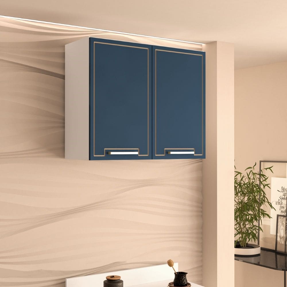Armário Aéreo 80cm 2 portas Amara Branco Azul Politorno Móveis