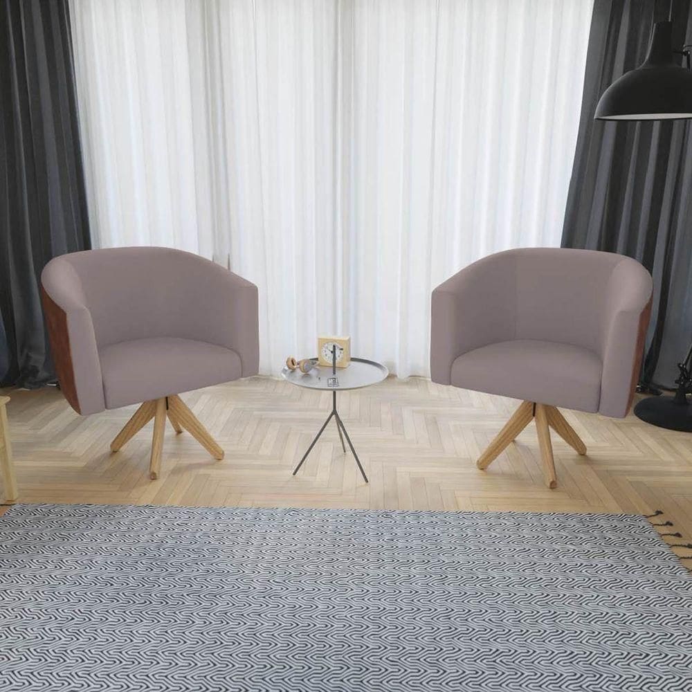 Kit 02 Poltronas Base Giratória De Madeira Nozes Rosê