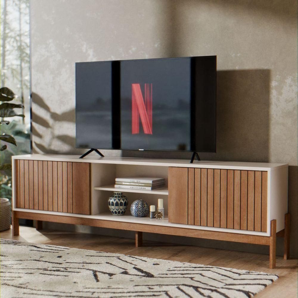 Rack Bancada Para De Até 70 Polegadas Tannen Ripado Com Prateleira E Porta Freijó Off