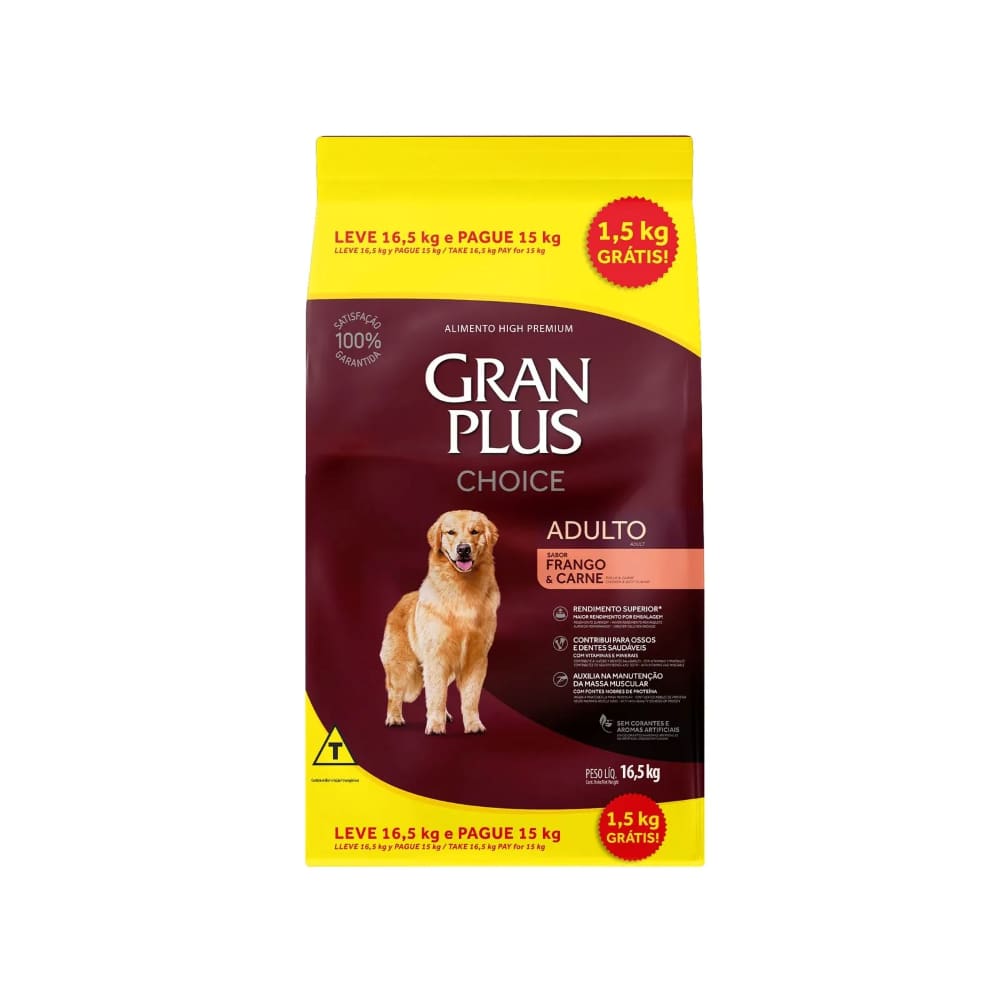 Ração Gran Plus Cães Choice Adultos Frango e Carne Bônus Bag 16,5kg