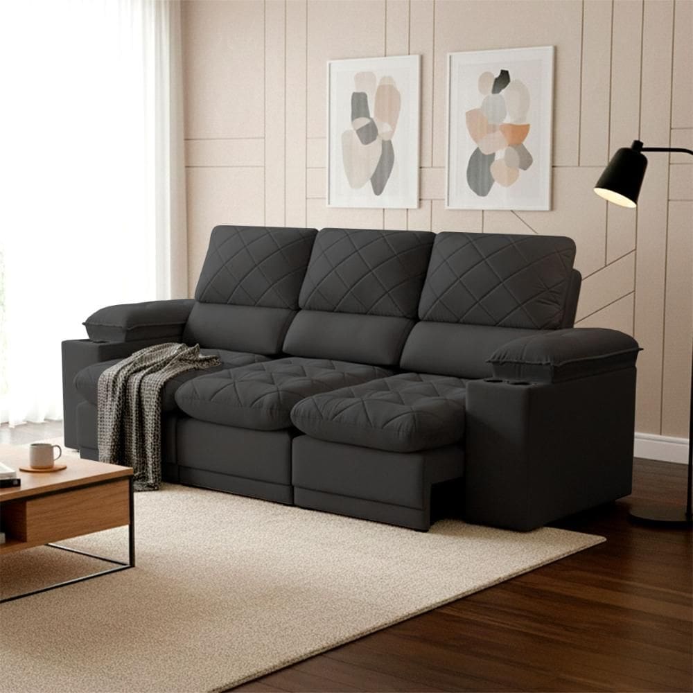 Sofá Veneza 2,40m Retrátil Reclinável Preto USB e Porta Copos - King House