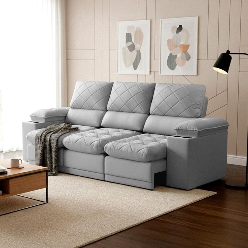 Sofá Veneza 2,40m Retrátil Reclinável Cinza USB e Porta Copos - King House