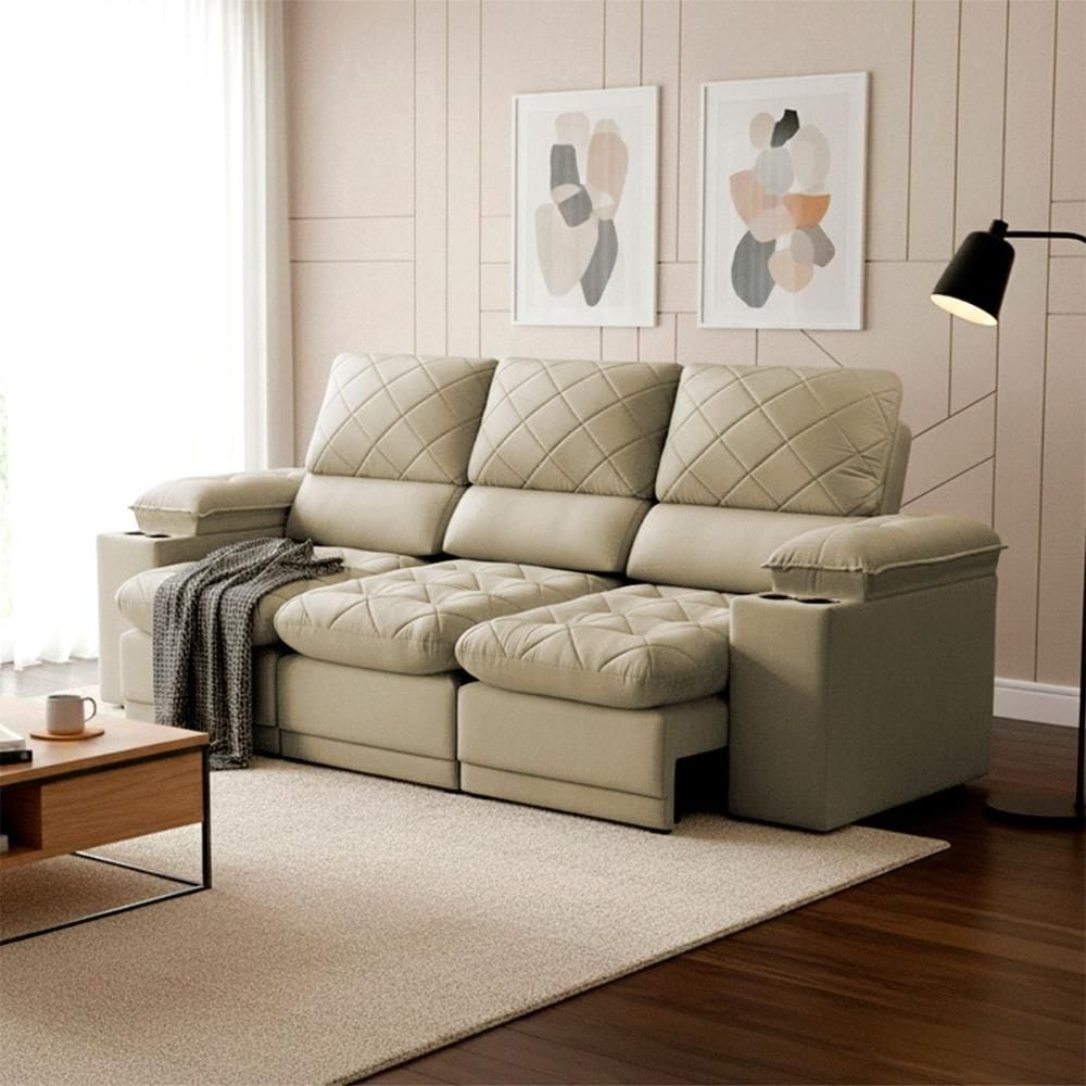 Sofá Veneza 2,40m Retrátil Reclinável Bege USB e Porta Copos - King House