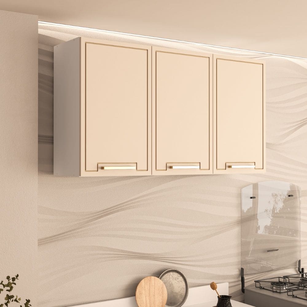 Armário Aéreo 120cm 3 portas Amara Branco Creme Politorno Móveis